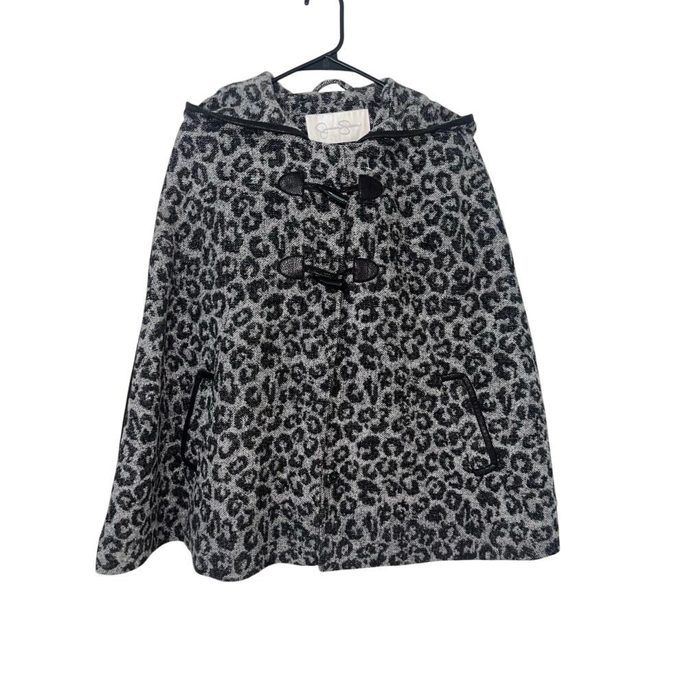 Jessica Simpson Grey Leopard Print Hooded Cape Poncho Coat